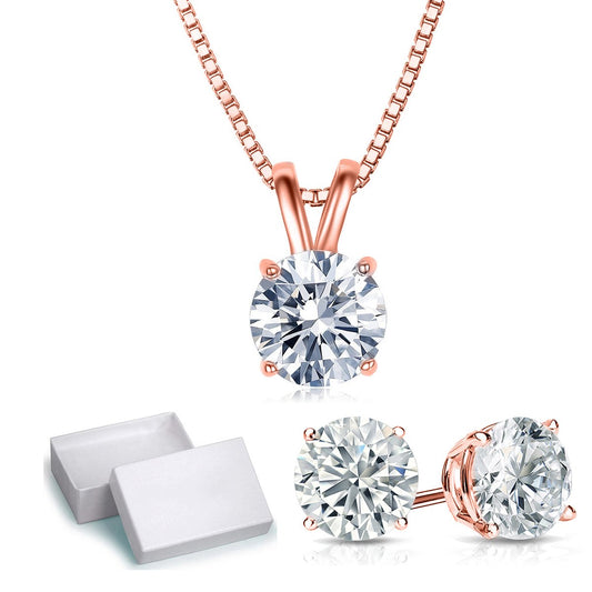 Solitaire Necklace and 4 Prong Earring made With Luxe Crystals with Luxe Box - RoseGoldtone Gold ITALY Design
