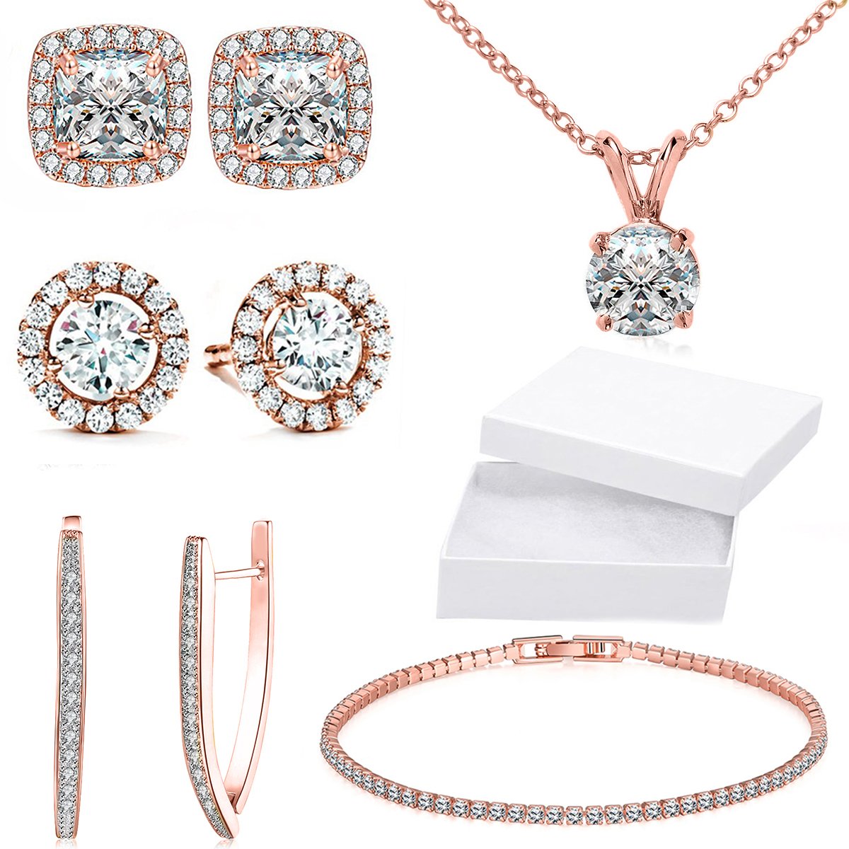 10Ct Tennis Bracelet + Halo Earring+ Necklace With Crystals - 5 Piece Set with Luxe Box - RoseGoldtone Gold ITALY Design