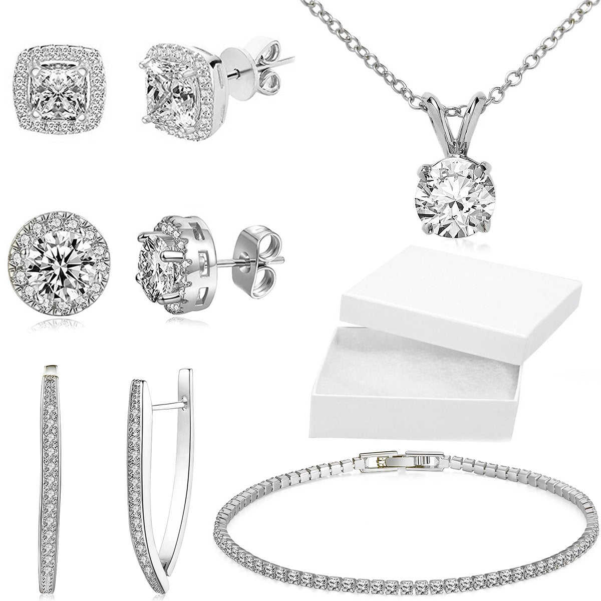 10Ct Tennis Bracelet + Halo Earring+ Necklace With  Crystals - 5 Piece Set with Luxe Box - Silvertone ITALY Design