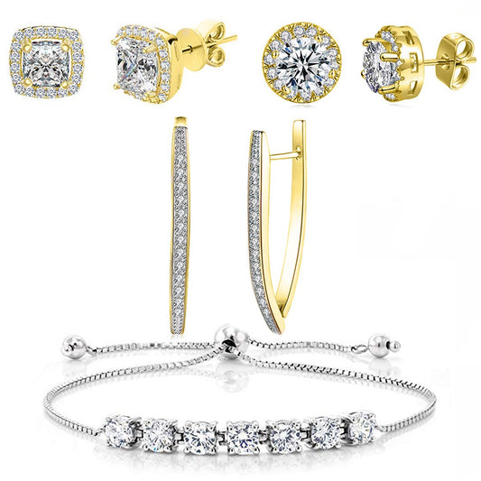 Halo Stud Earring with Adjustable Tennis Bracelet made With Luxe Crystals with Luxe Box - Goldtone ITALY Design