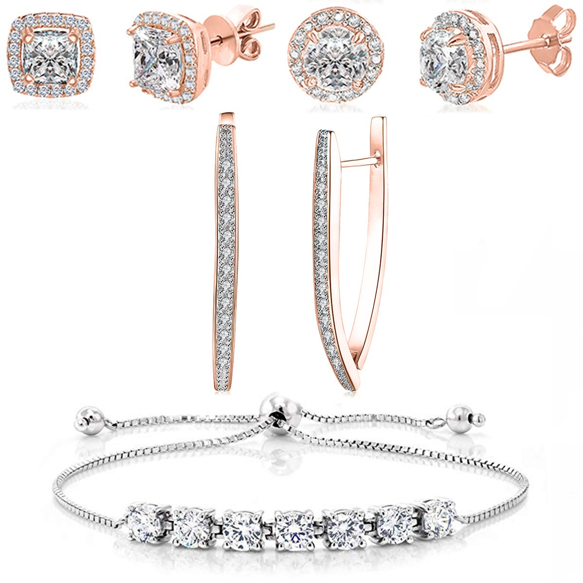 Halo Stud Earring with Adjustable Tennis Bracelet made With Luxe Crystals with Luxe Box - RoseGoldtone ITALY Design