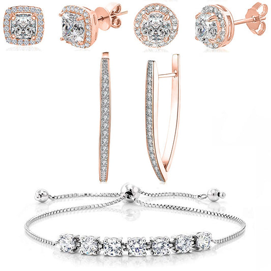 Halo Stud Earring with Adjustable Tennis Bracelet made With Luxe Crystals with Luxe Box - RoseGoldtone ITALY Design