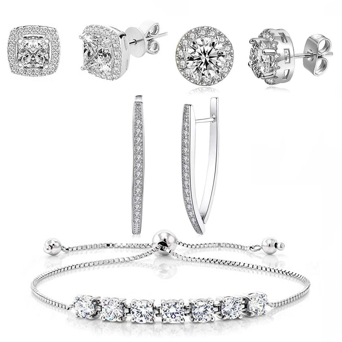 4 Piece Halo Set With Crystals  Silvertone Set in  Silvertone