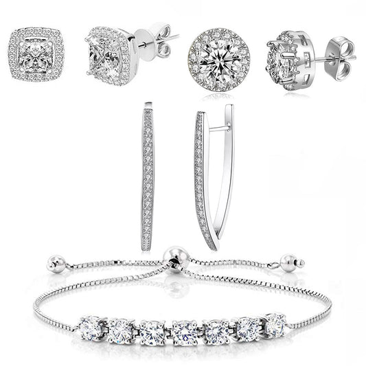 4 Piece Halo Set With Crystals  Silvertone Set in  Silvertone