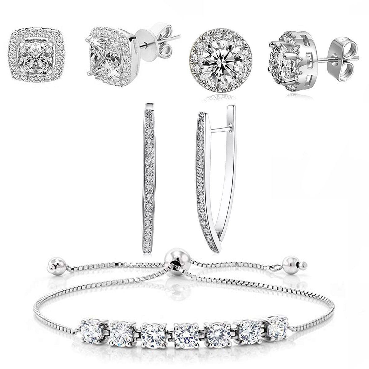 Halo Stud Earring with Adjustable Tennis Bracelet made With Luxe Crystals with Luxe Box - Silvertone ITALY Design