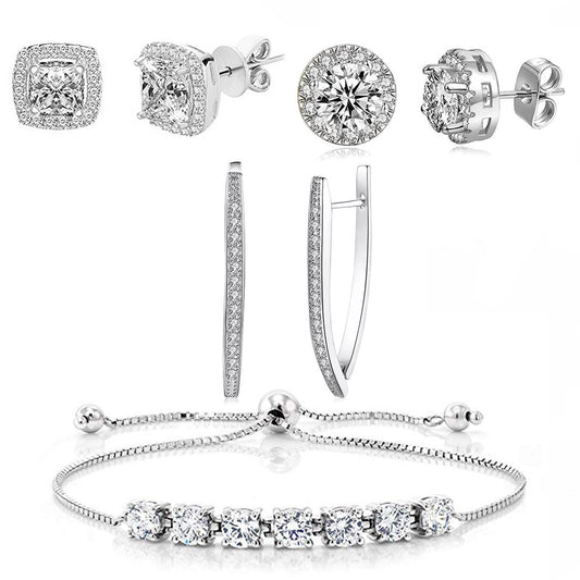 Halo Stud Earring with Adjustable Tennis Bracelet made With Luxe Crystals with Luxe Box - Silvertone ITALY Design
