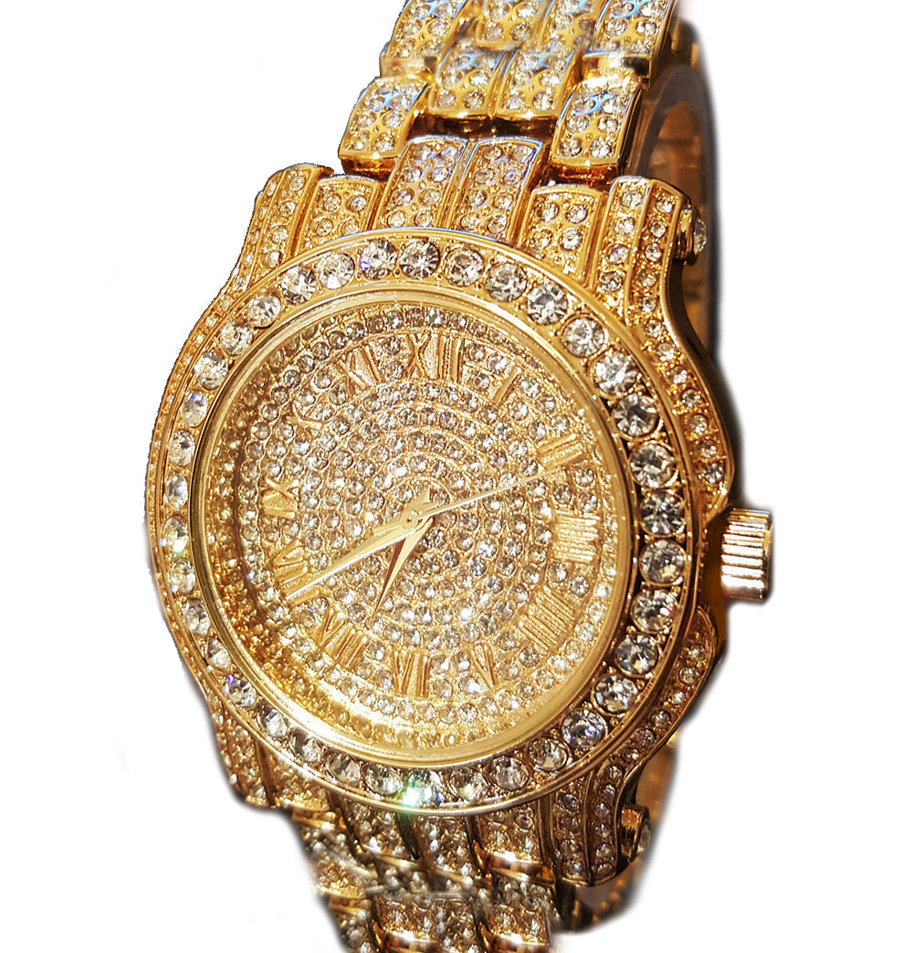 Stainless Steel Goldtone Pave Heavy Metal Band Watch - Iced Put Diamond Watch- Bling Hip Hop