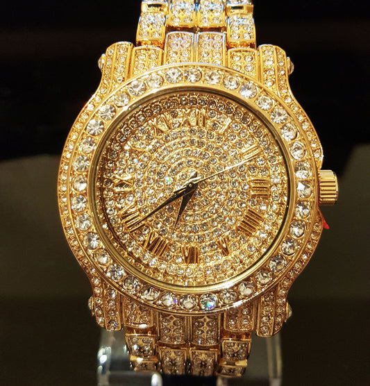 Stainless Steel Goldtone Pave Heavy Metal Band Watch - Iced Put Diamond Watch- Bling Hip Hop