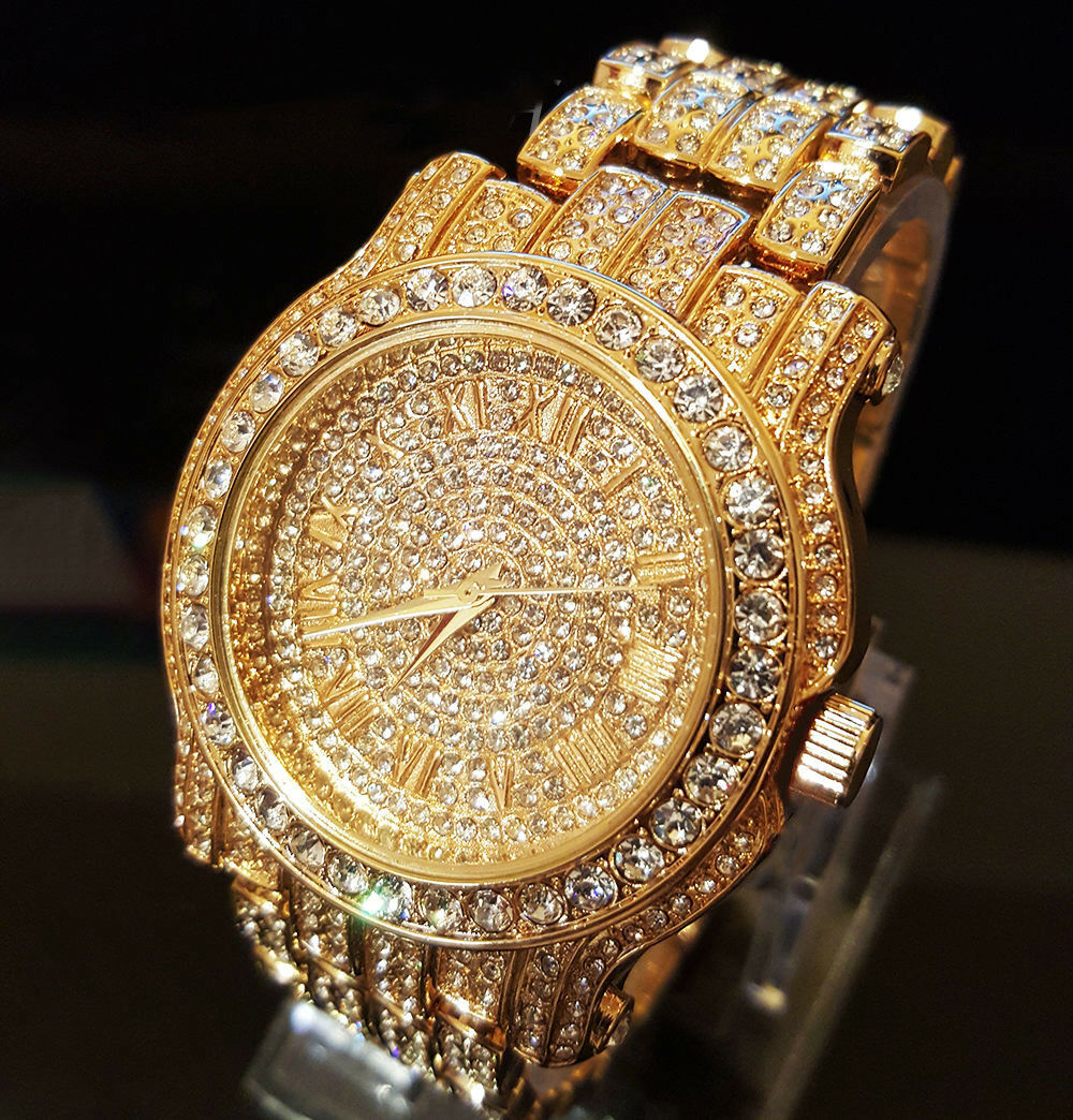 Stainless Steel Goldtone Pave Heavy Metal Band Watch - Iced Put Diamond Watch- Bling Hip Hop