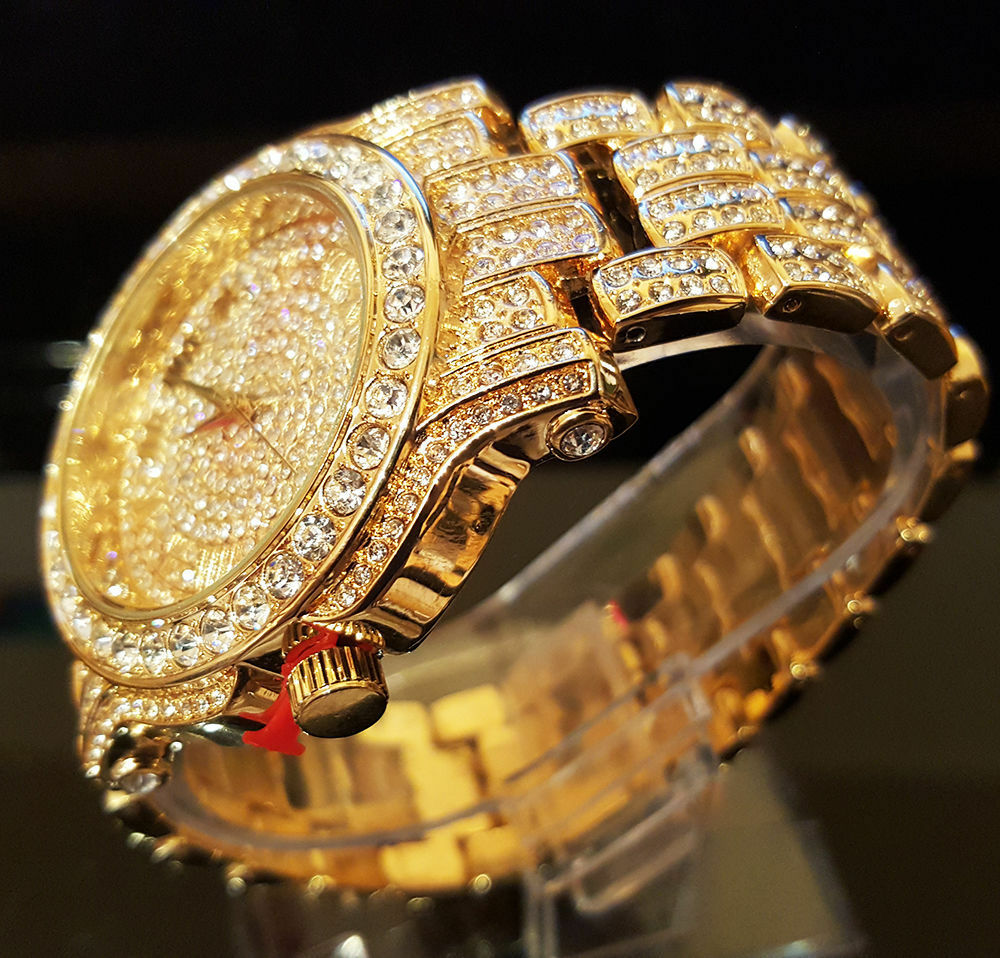 Stainless Steel Goldtone Pave Heavy Metal Band Watch - Iced Put Diamond Watch- Bling Hip Hop