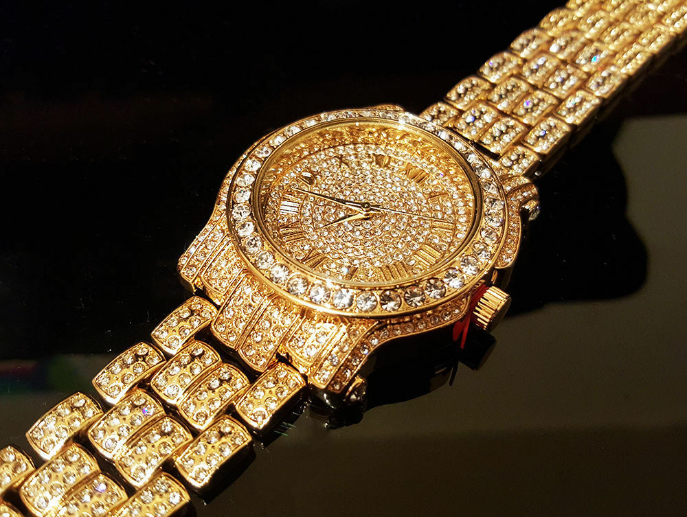Stainless Steel Goldtone Pave Heavy Metal Band Watch - Iced Put Diamond Watch- Bling Hip Hop